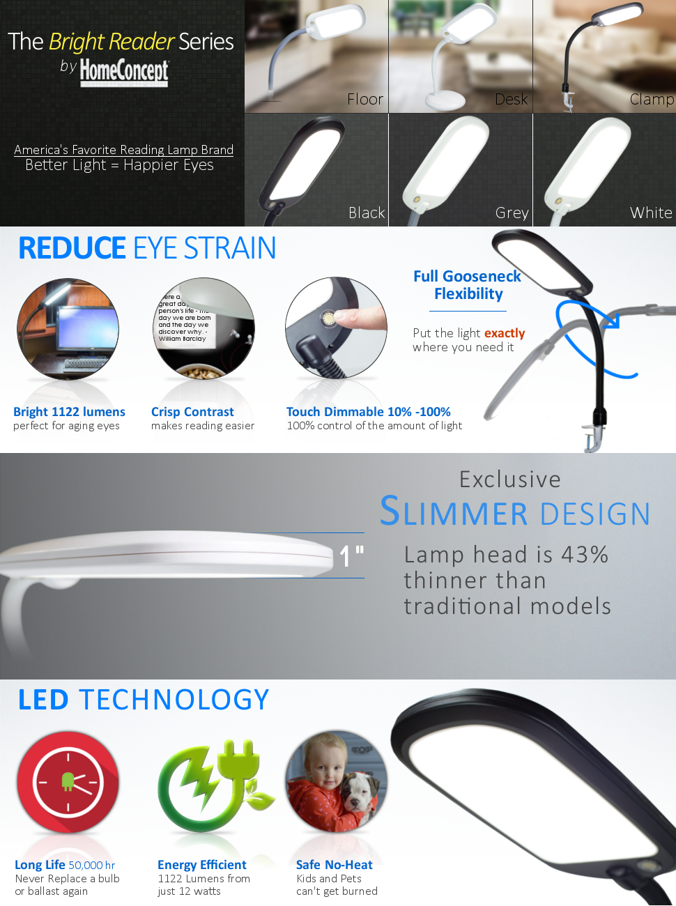26"H Clamp-on LED Bright Reader Desk Lamp