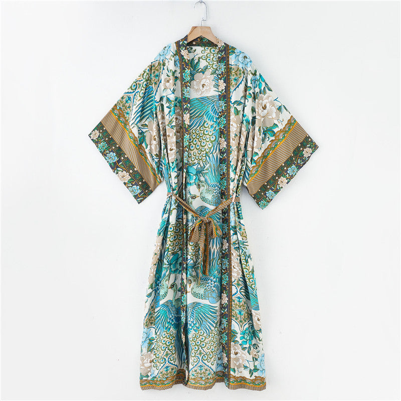 Bohemian Crane Print Kimono Dress Cotton Midi With Swing Skirt