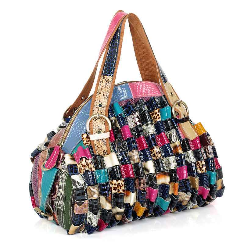 Quality Leather Cowhide Color‑Block Snake‑Pattern Shoulder Bag