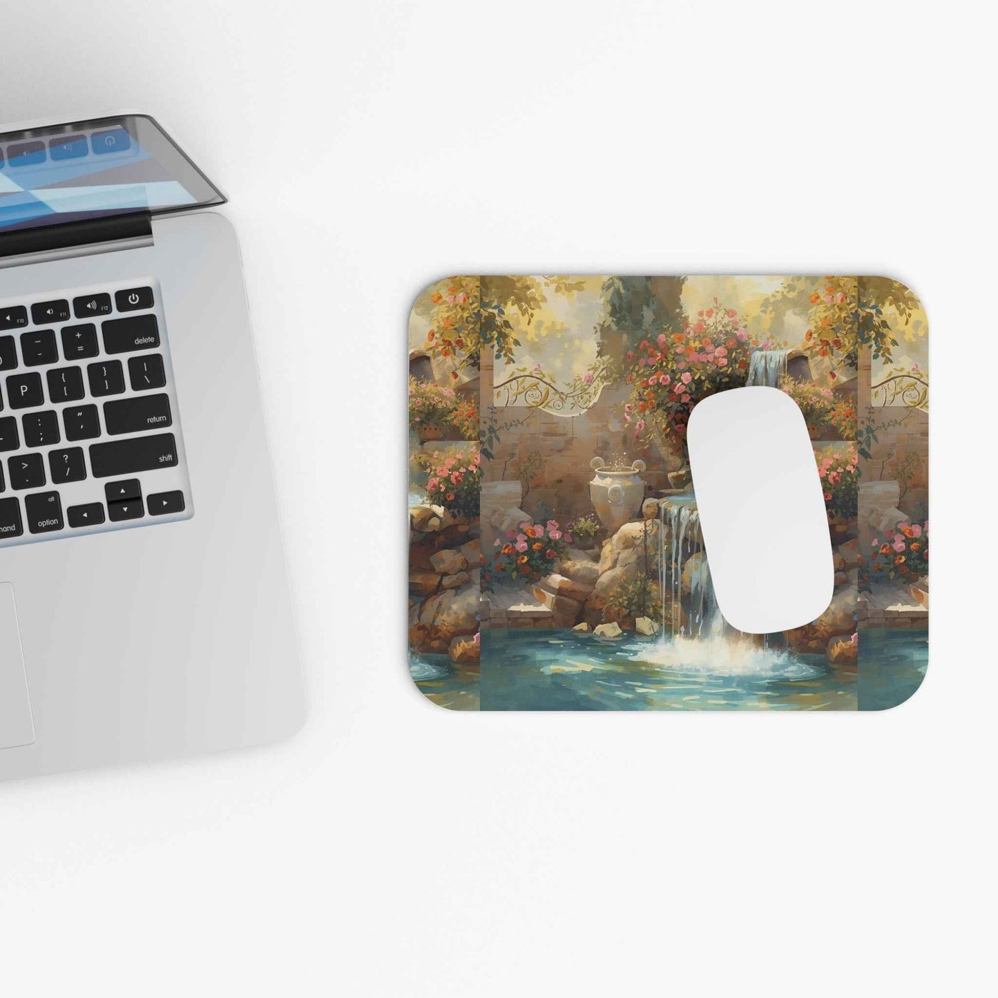 Tuscan Garden Mouse Pad – Serene Waterfall Home Office Decor