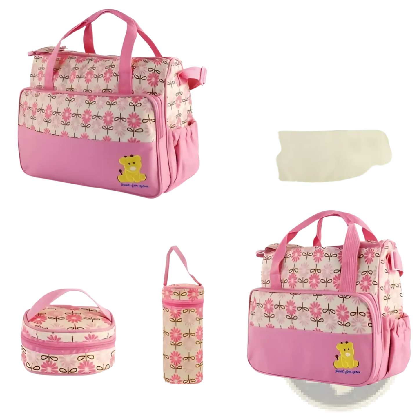 5 Piece Bear Appliqué Baby Diaper Travel Bag Set