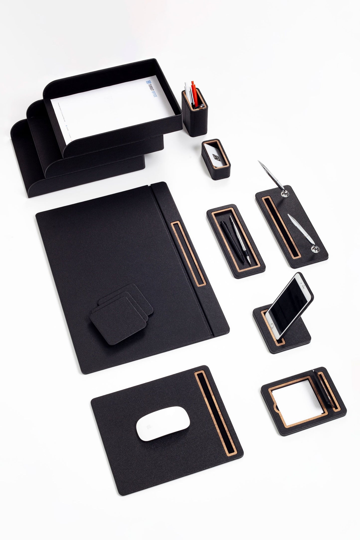 Pera Leather Desk Set 12 Pieces Covered Model With Three Document Shelves