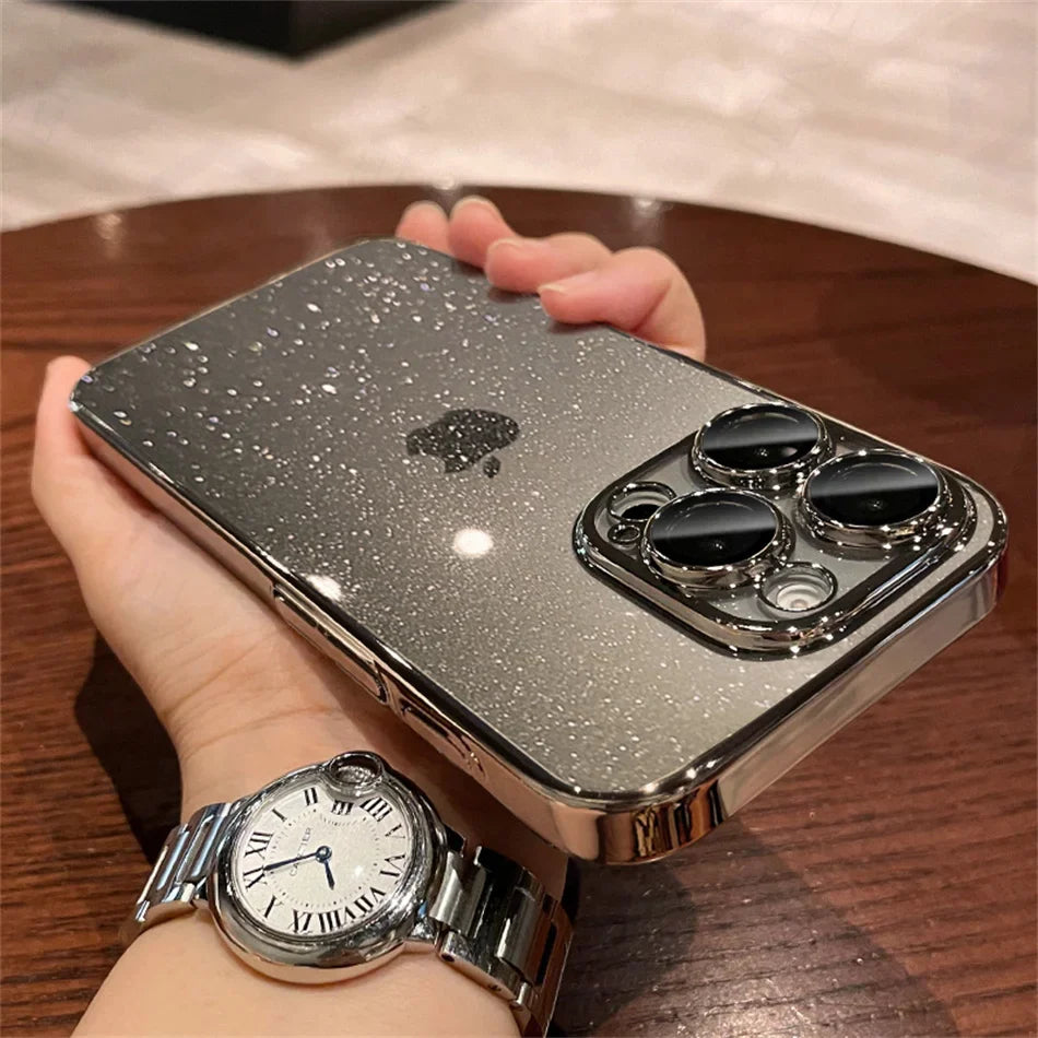 Luxury Bling Glitter Clear Slim Case For iPhone 16 15 14 13 12 Pro Max Shockproof Plating Bumper Desert Gold Transparent Cover