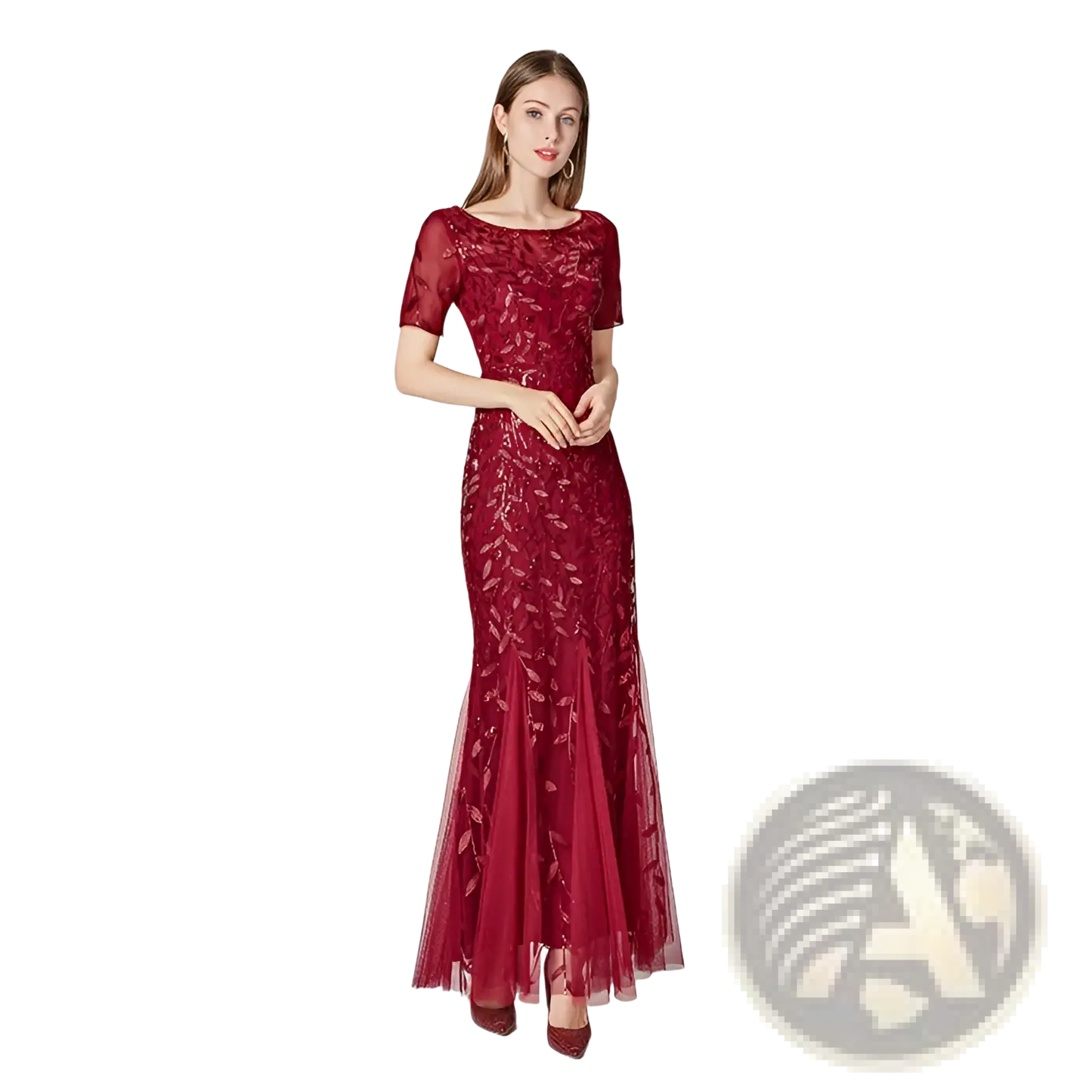 Embroidered Sequin Mermaid Evening Gown with Tulle Skirt