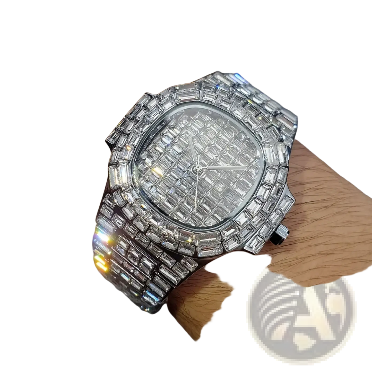 Iced out Diamond Quartz Watch for Men Silver Stainless Steel