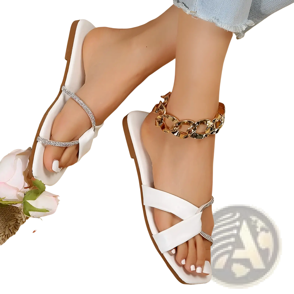 Rhinestone Flat Sandals White Satin Square Toe Shoes