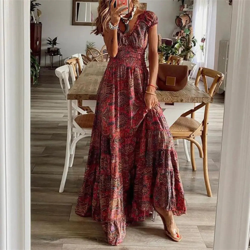 Floral Paisley v Neck Tiered Maxi Dress