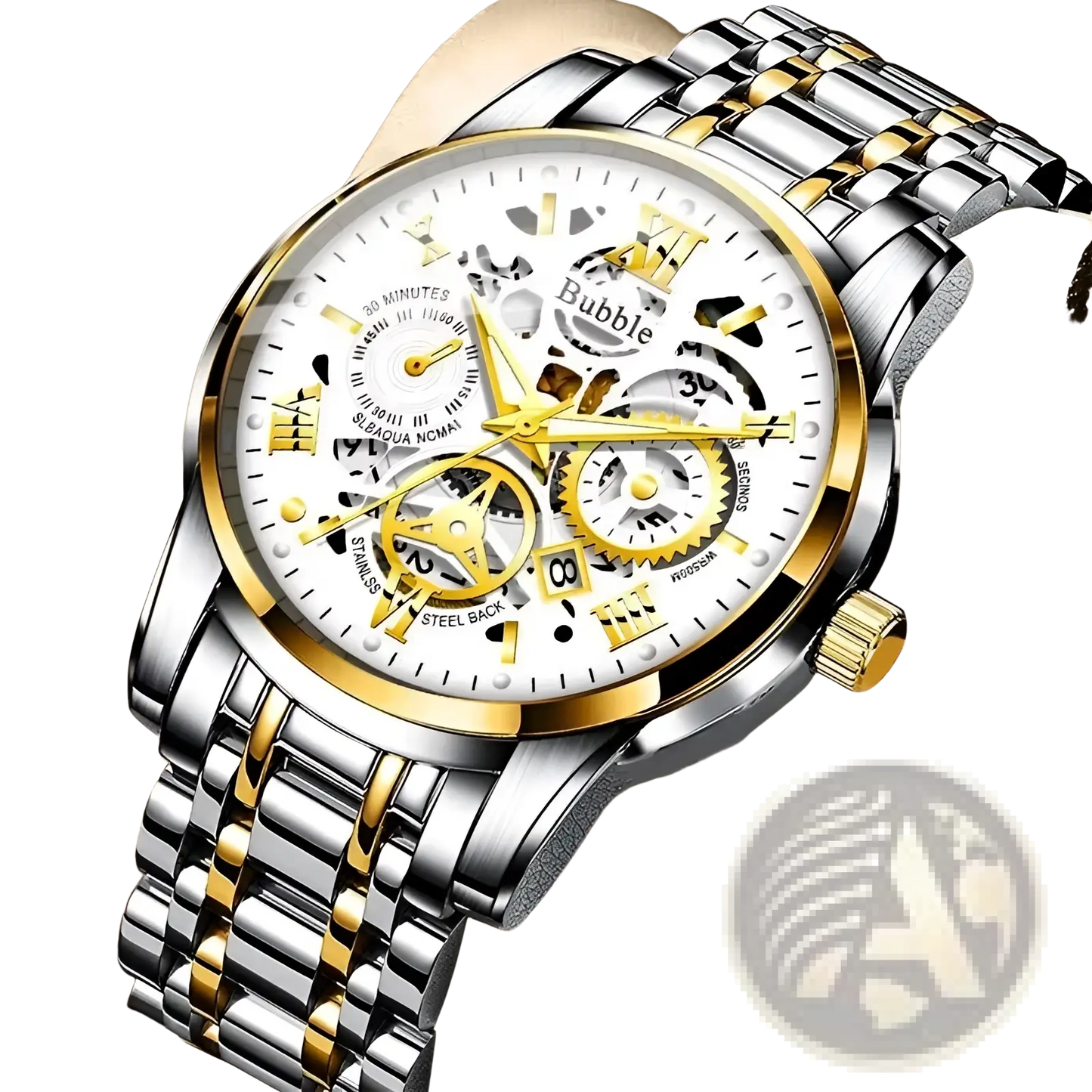 Uthai Men Quartz Skeleton Watch Two Tone Steel V009