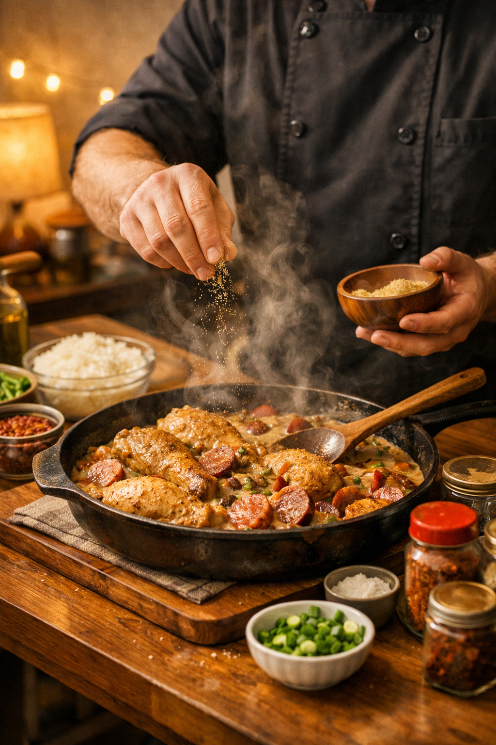 Smothered Chicken & Sausage Rice Bowl — $5–$12, One Pot, No Oven