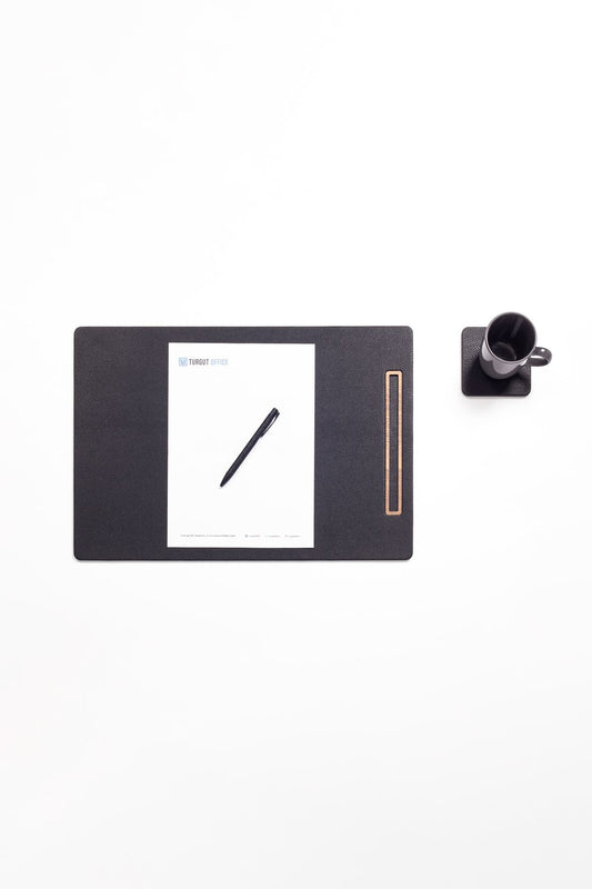 Leather Meeting Desk Black Vertical Wooden Detail 49x34cm