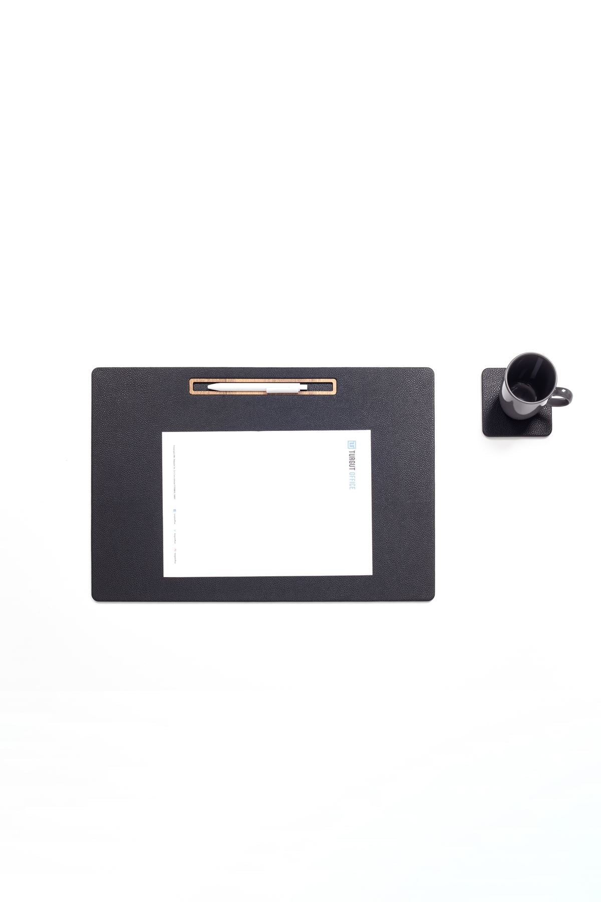Leather Meeting Desk Black Horizontal Wooden Detailed 49x34cm