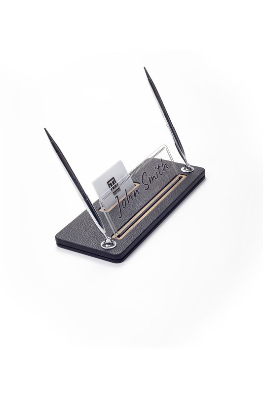 Leather Desk Name Holder with Two Pens Black Wood Detail