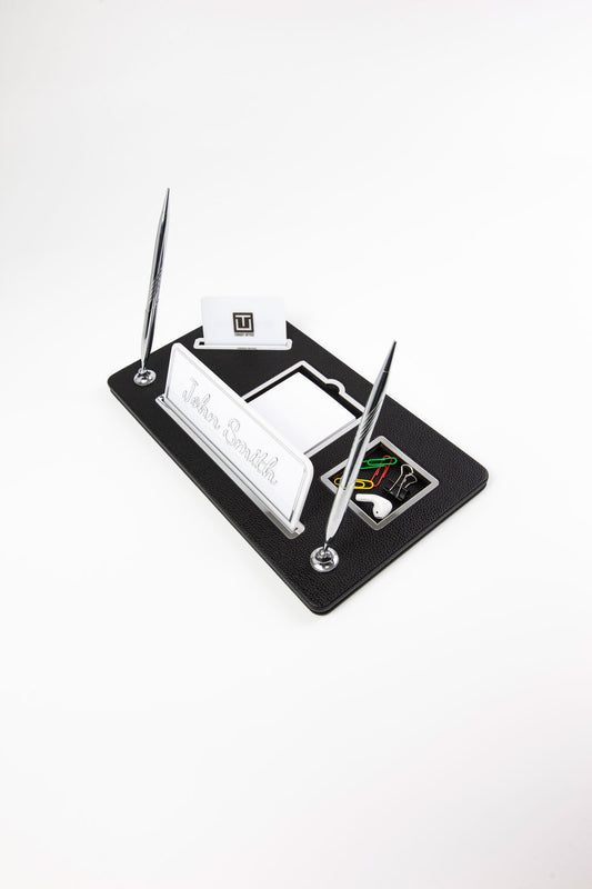 Organizer Leather Desk Name Holder with Two Pens Black Chrome Detailed