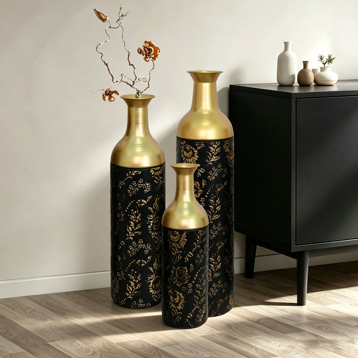 Decorative Metal Vases Set of 3, Leaf Pattern Floor Vases