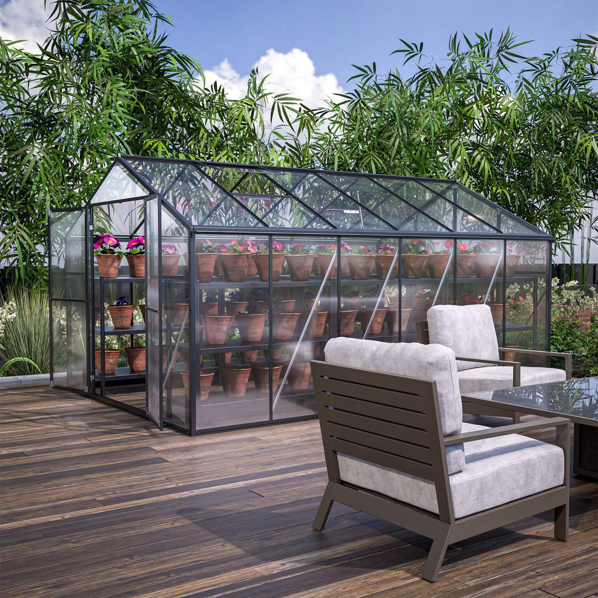 [08X12FT] Large Outdoor Heavy-Duty Polycarbonate Walk-In Greenhouse With Double Swing Doors And Two Ventilation Windows (SAK73651)
