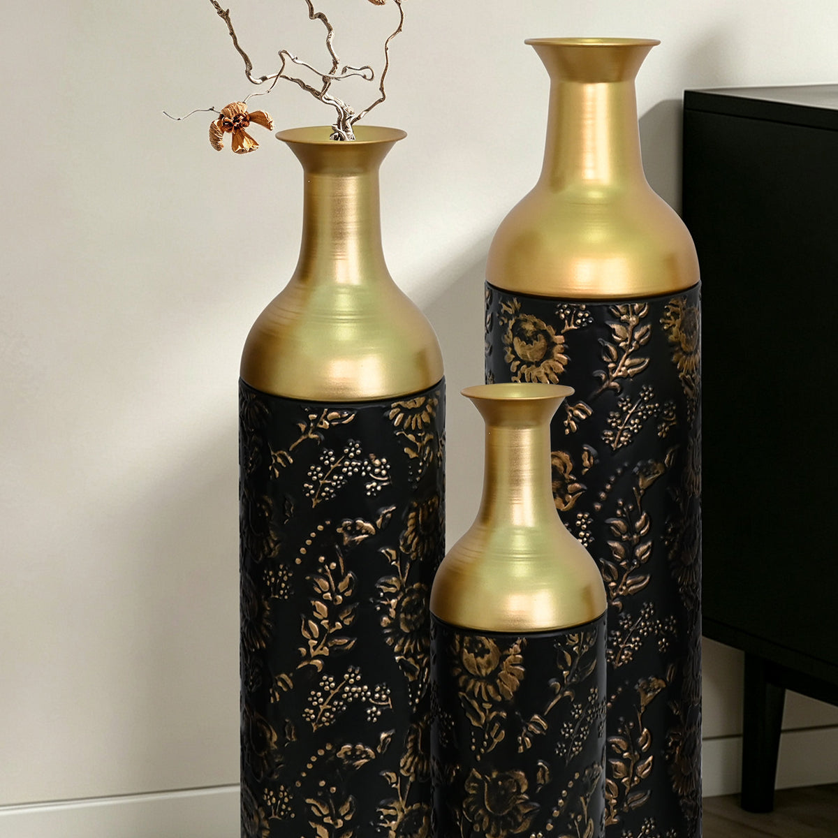 Decorative Metal Vases Set of 3, Leaf Pattern Floor Vases