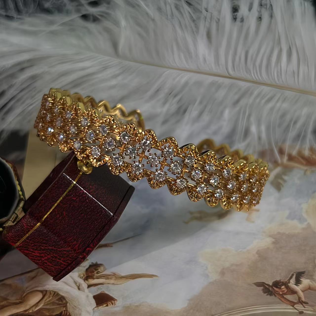 Vintage Italian 18K Gold Plated Buccellati Style Bangle, Retro Heavy Craft Full Diamond Mesh Hollow Out Lace Bracelet