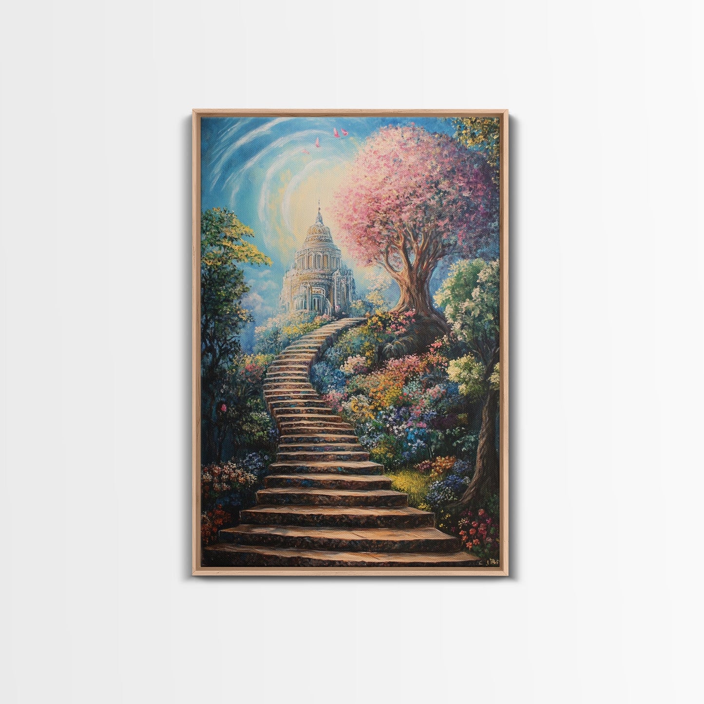 The Steps To The Sky, Framed Canvas Print, Cute Fantasy  Decor, Preppy Wall Art, Gift For Her, Dorm Wall Art, Landscape Painting