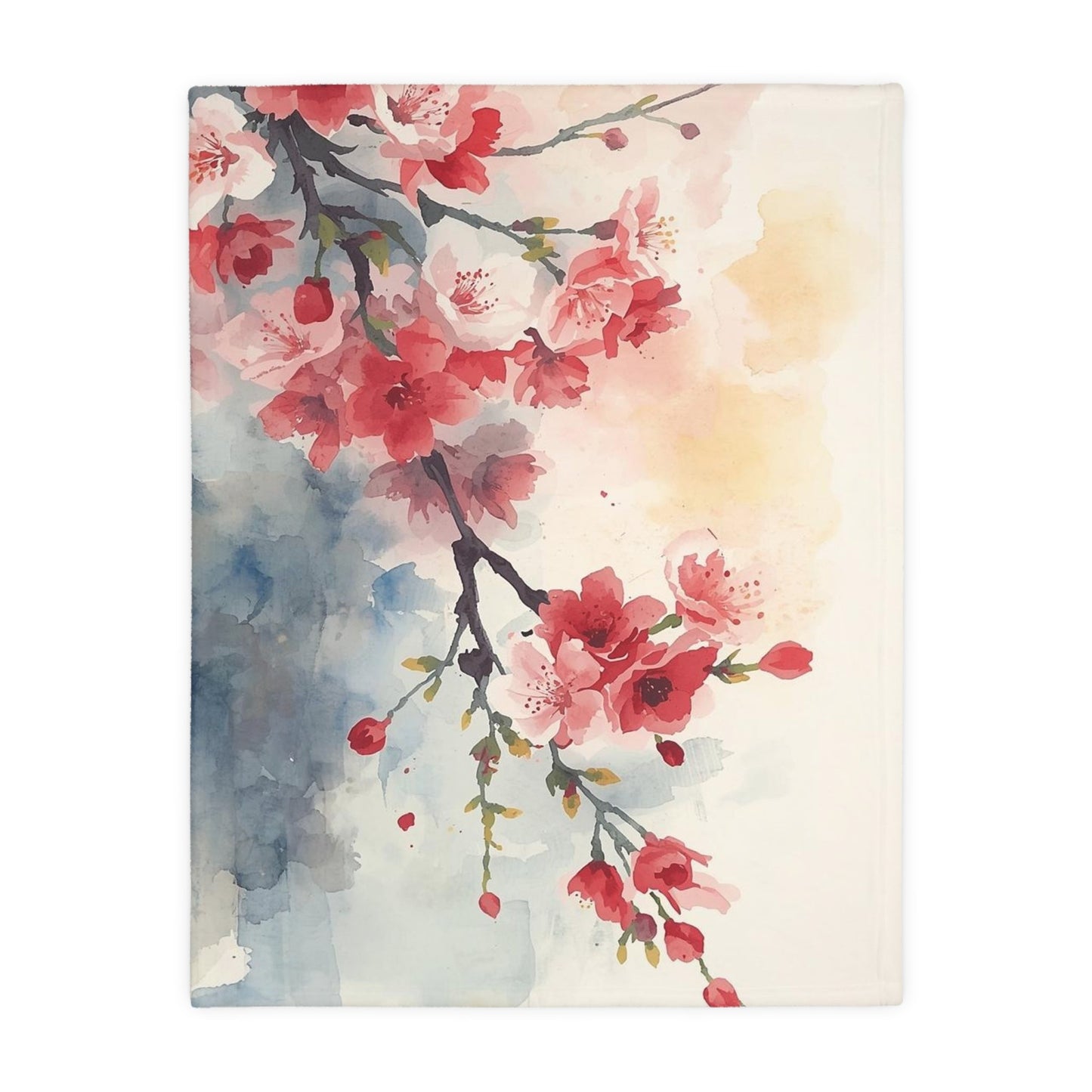 Floral Watercolor Cherry Blossom Blanket — Velveteen Microfiber Throw