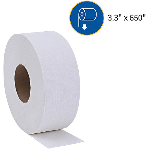 Genuine Joe® Jumbo Toilet Paper, 2-Ply, 650-ft. Rolls, 12 Rolls 2 Ply - 3.30" Width x 650 ft Length - 3 19/64" Core - White - 12 / Carton (GJO2565012)