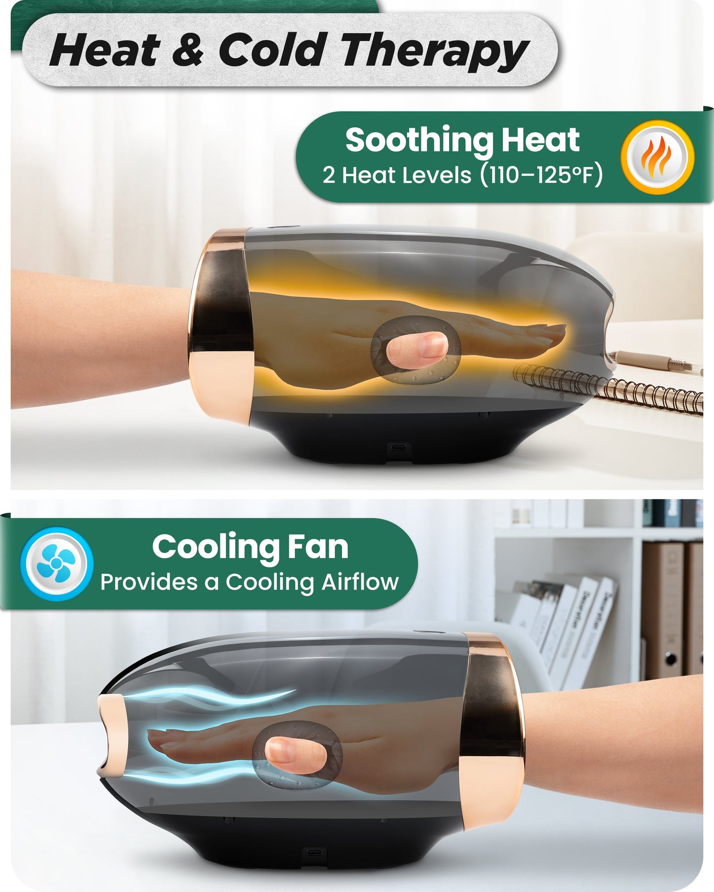LX30 Rolling Hand Massager, Kneading + Compression, Heat + Cooling Fan, Charcoal Black