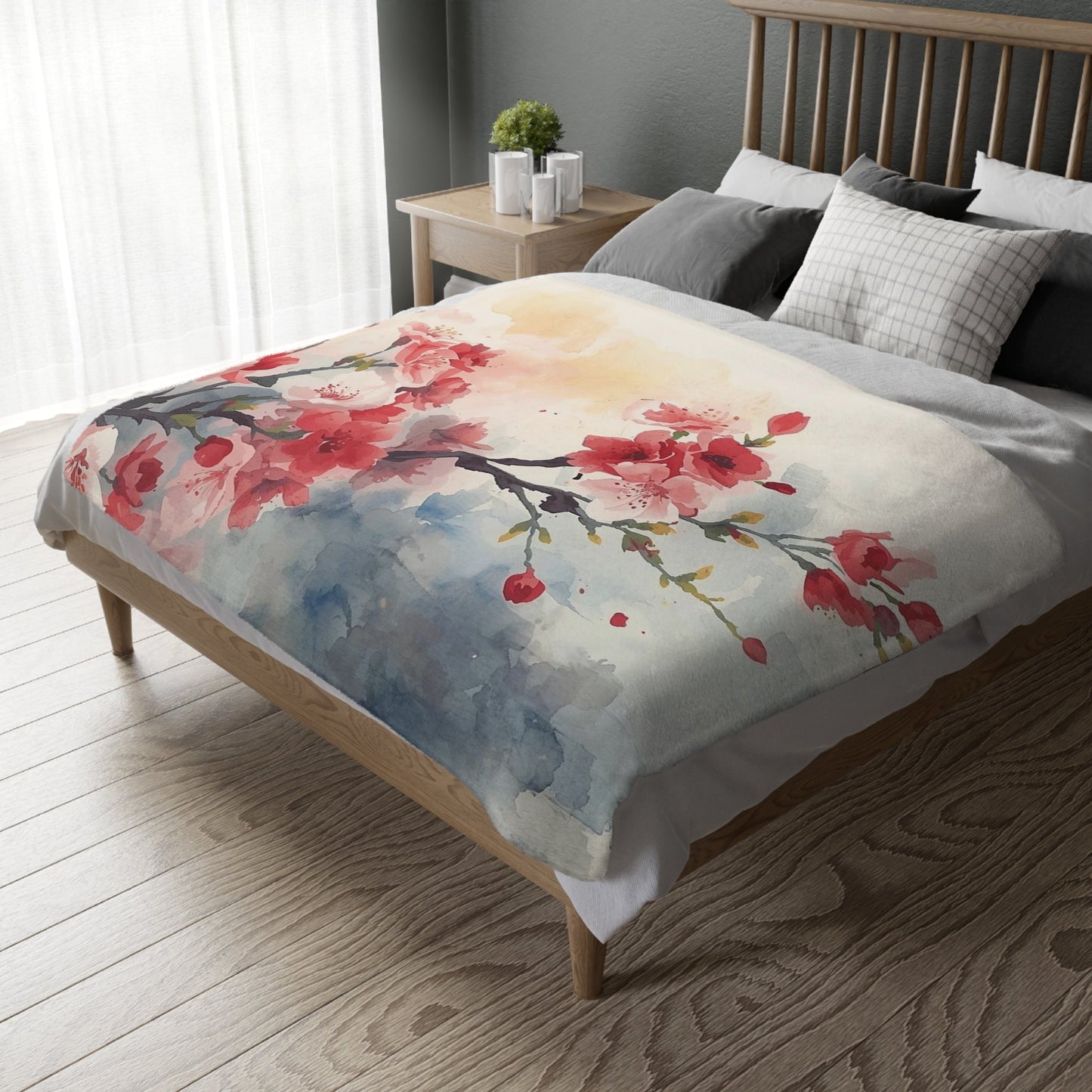 Floral Watercolor Cherry Blossom Blanket — Velveteen Microfiber Throw