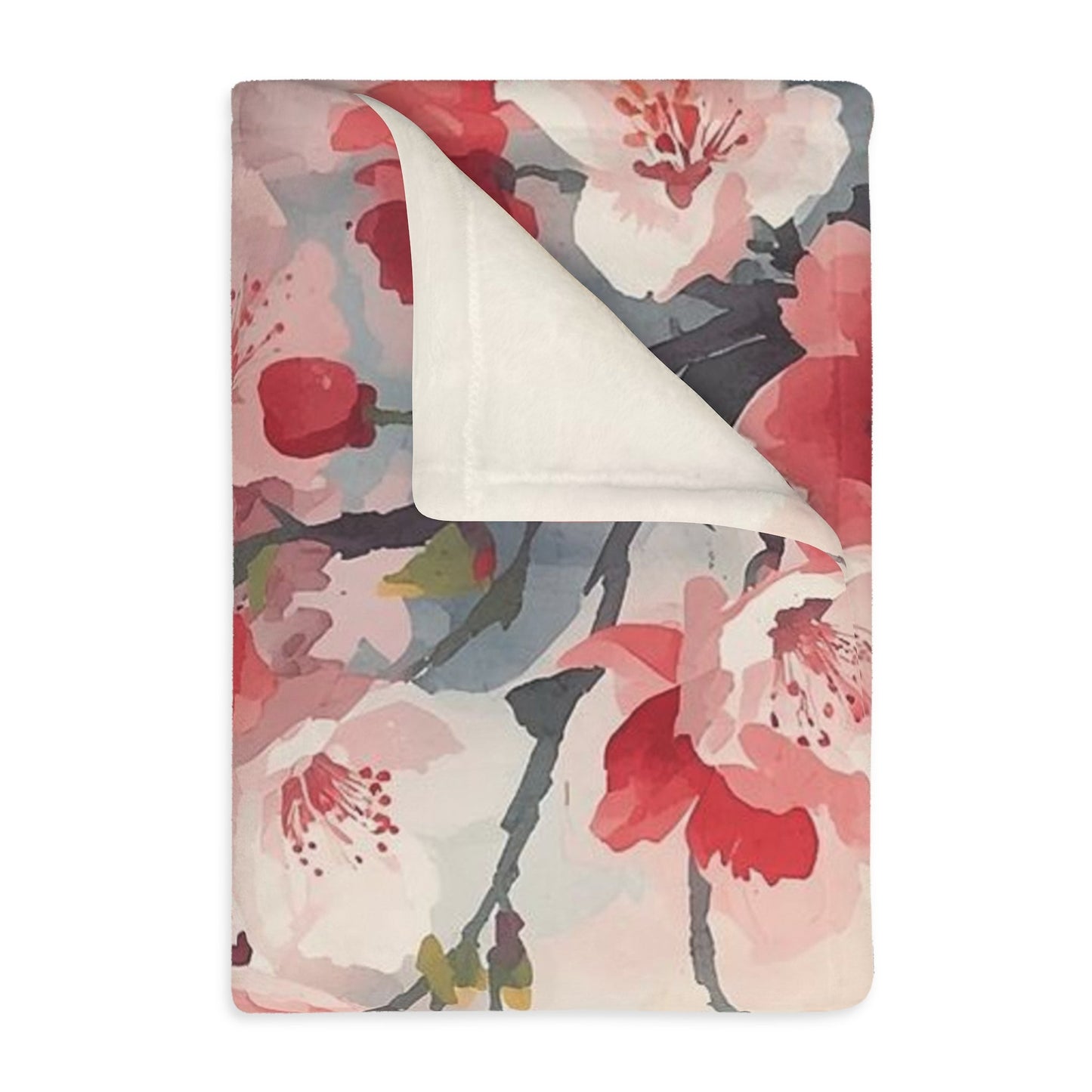 Floral Watercolor Cherry Blossom Blanket — Velveteen Microfiber Throw