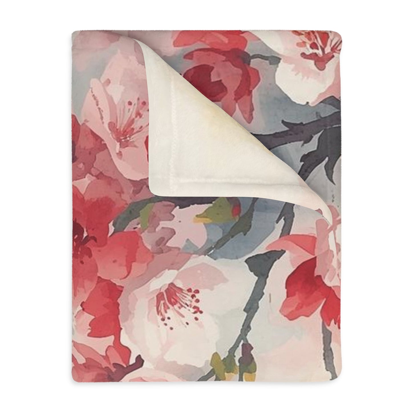Floral Watercolor Cherry Blossom Blanket — Velveteen Microfiber Throw