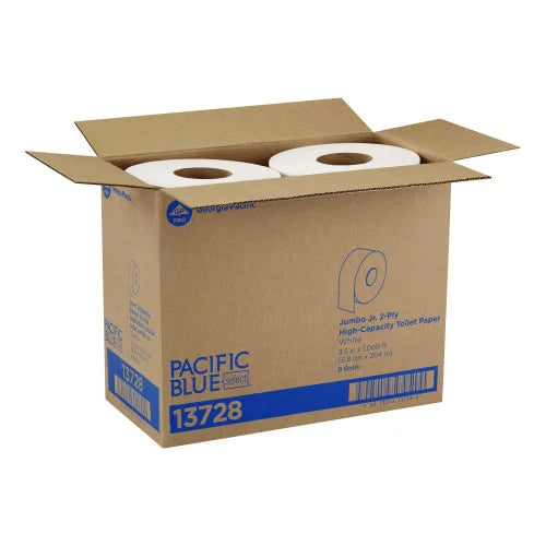 Pacific Blue® Jumbo Jr. Toilet Paper Rolls, 2-Ply, White, 8 Rolls (13728)