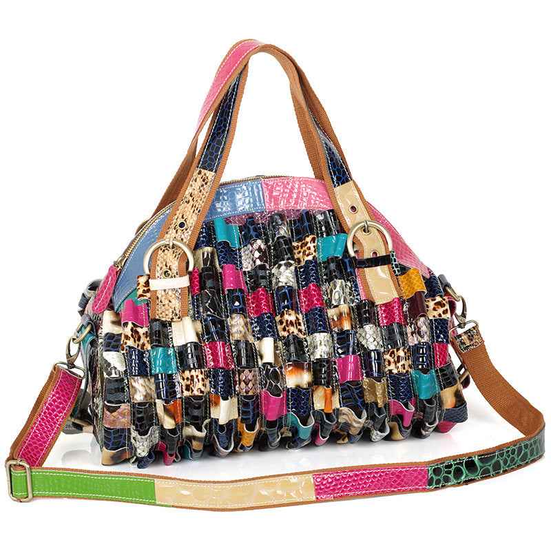 Quality Leather Cowhide Color‑Block Snake‑Pattern Shoulder Bag