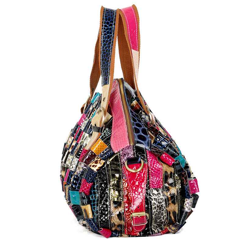 Quality Leather Cowhide Color‑Block Snake‑Pattern Shoulder Bag