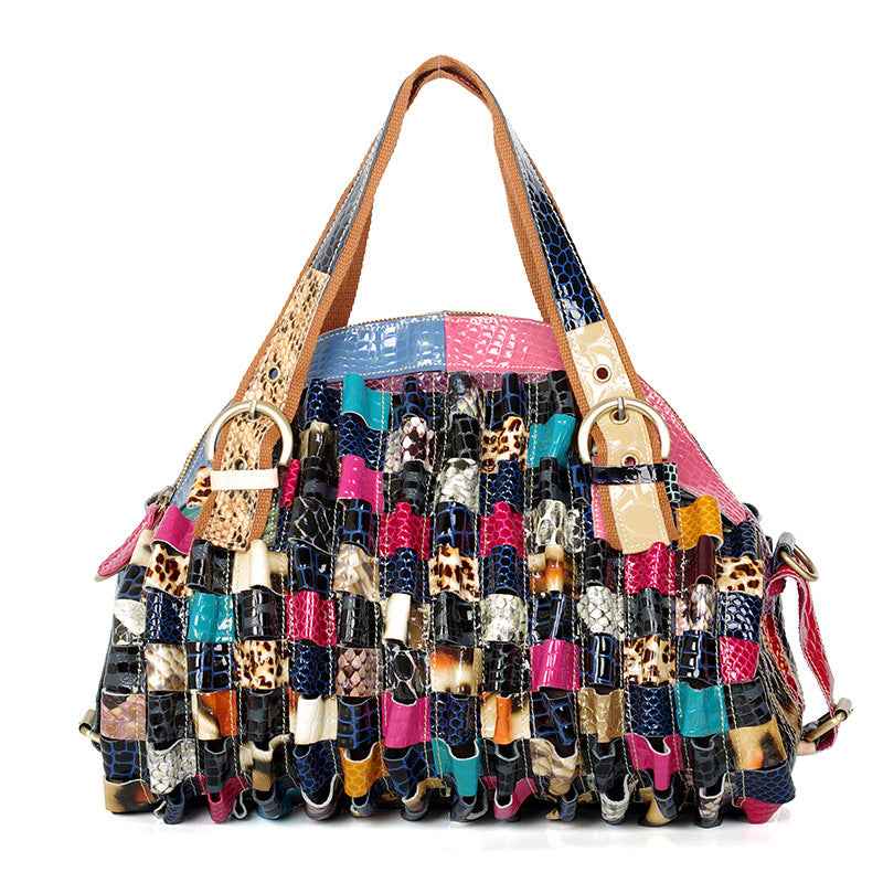 Quality Leather Cowhide Color‑Block Snake‑Pattern Shoulder Bag