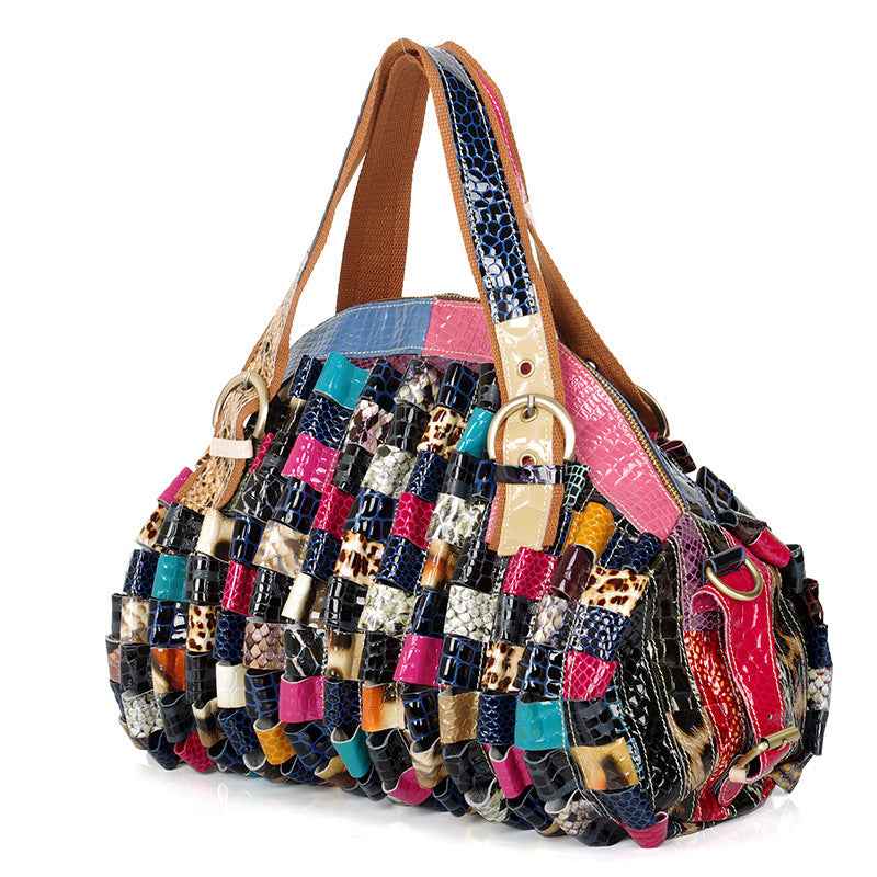 Quality Leather Cowhide Color‑Block Snake‑Pattern Shoulder Bag