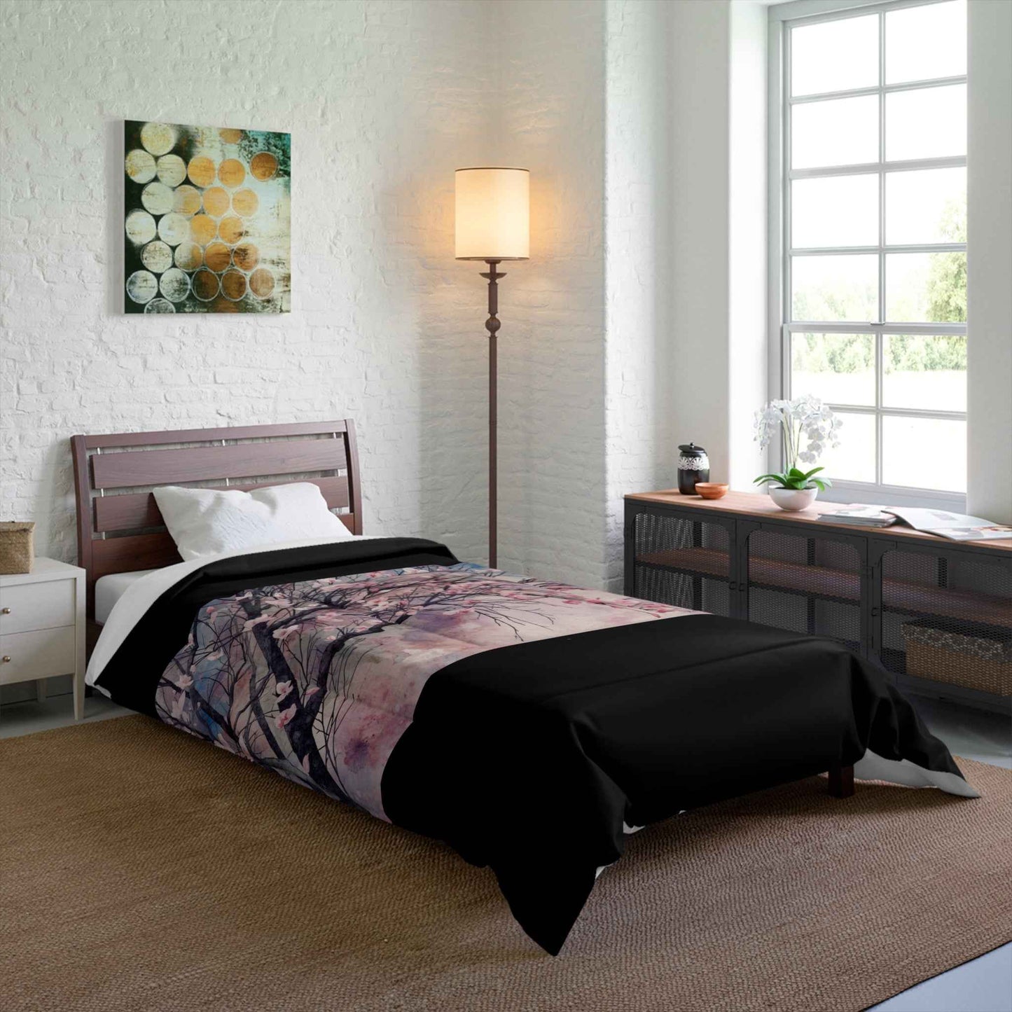 Cherry Blossom Comforter Lightweight Pink Watercolor Tree Bedding Microfiber