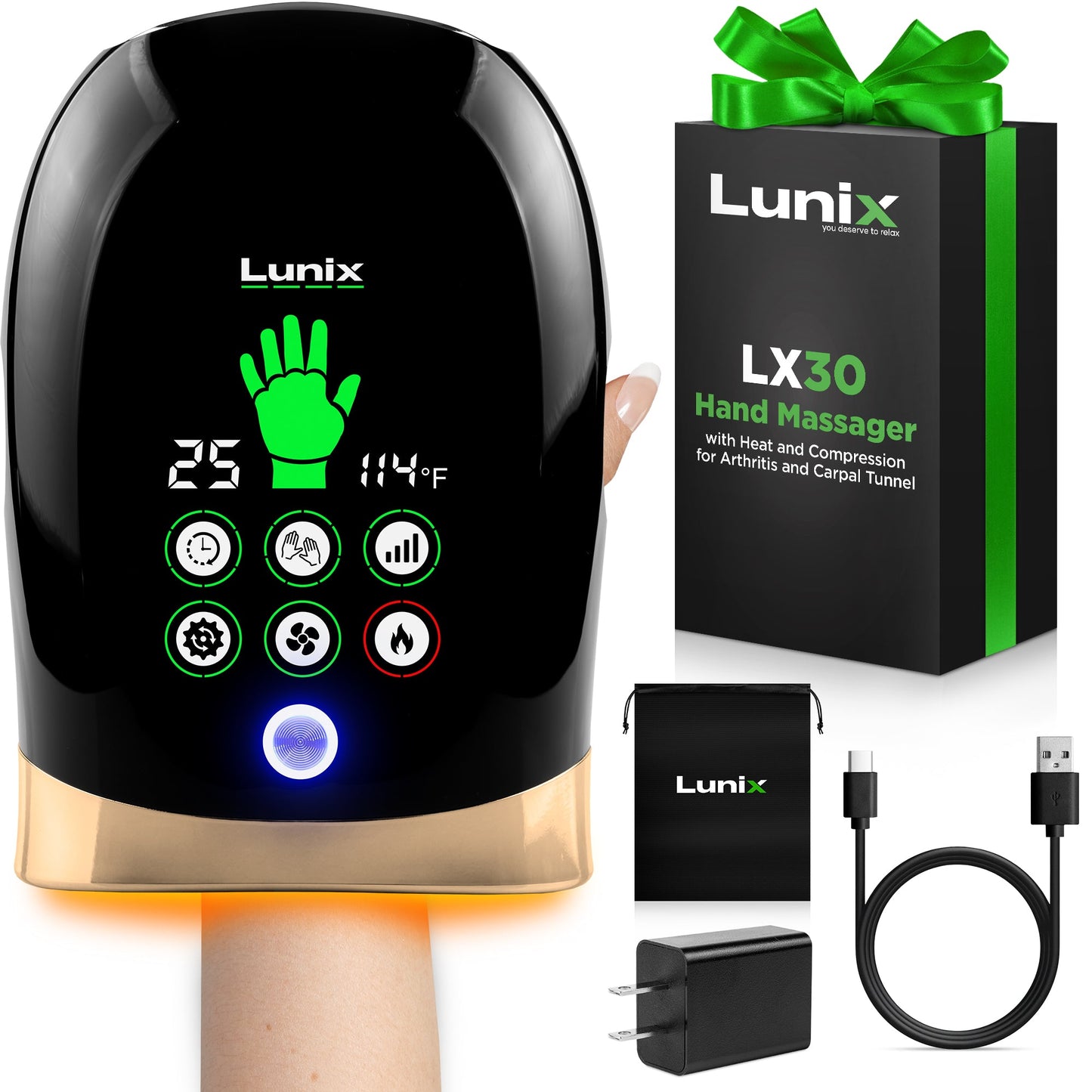 LX30 Rolling Hand Massager, Kneading + Compression, Heat + Cooling Fan, Charcoal Black