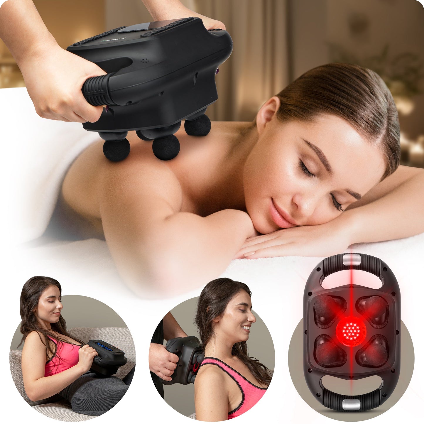 LX25 4 Head Percussion Massager with Infrared Light, Charcoal Black