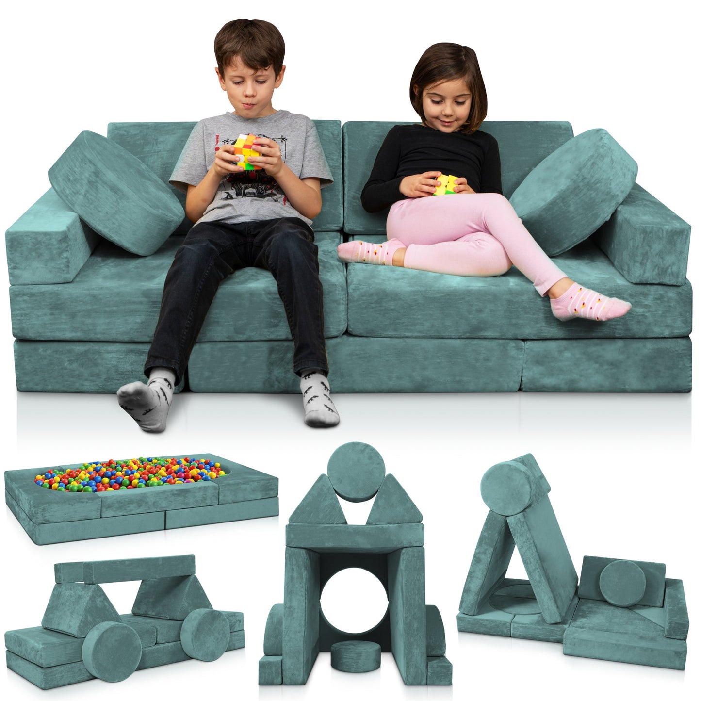 LX15 14pcs Modular Play Couch, Sage Teal