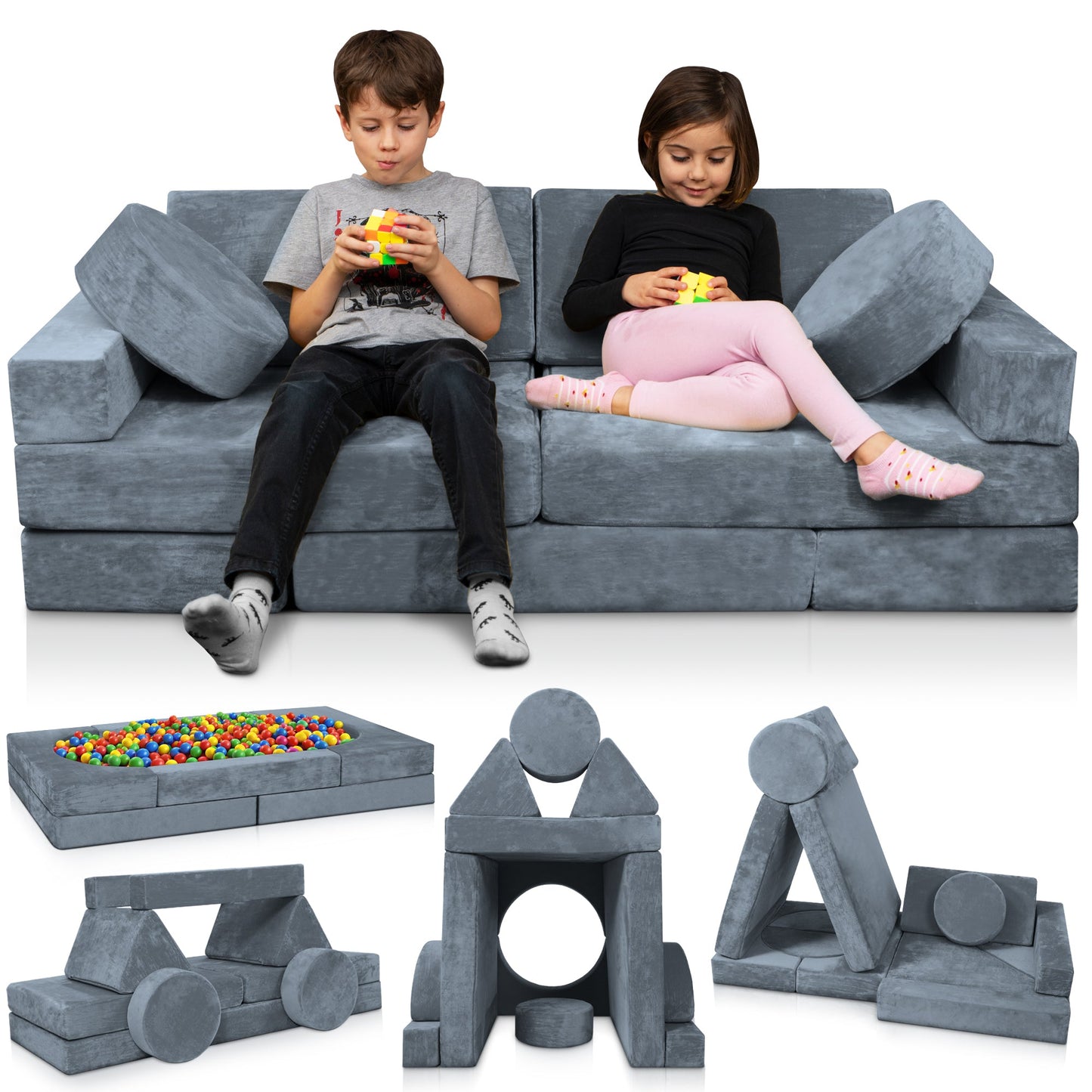 LX15 14pcs Modular Play Couch, Stone Gray