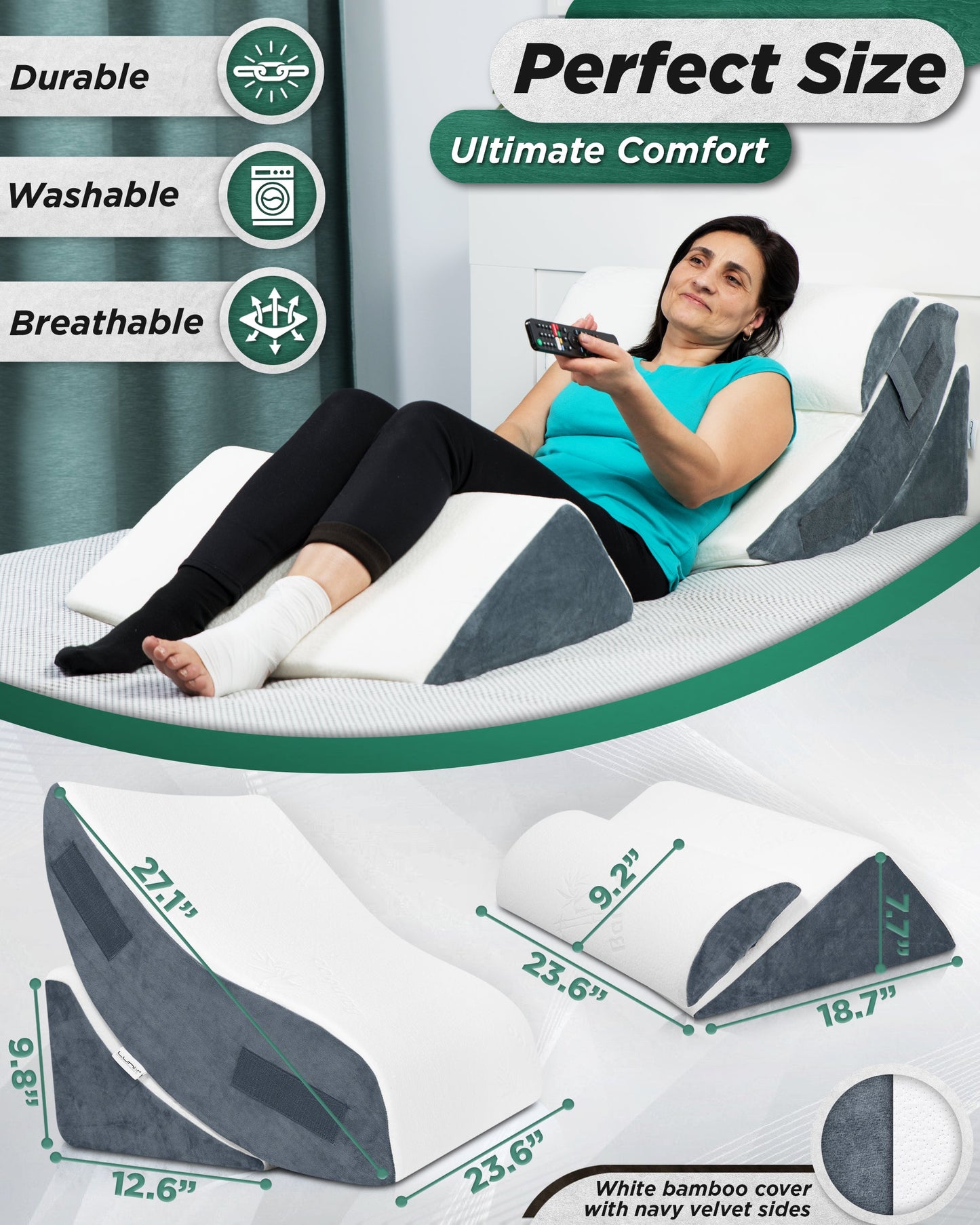 LX5 4-Piece Support for Shoulder & Upper Body Rest, Orthopedic Bed Wedge Pillow Set, Arctic Navy