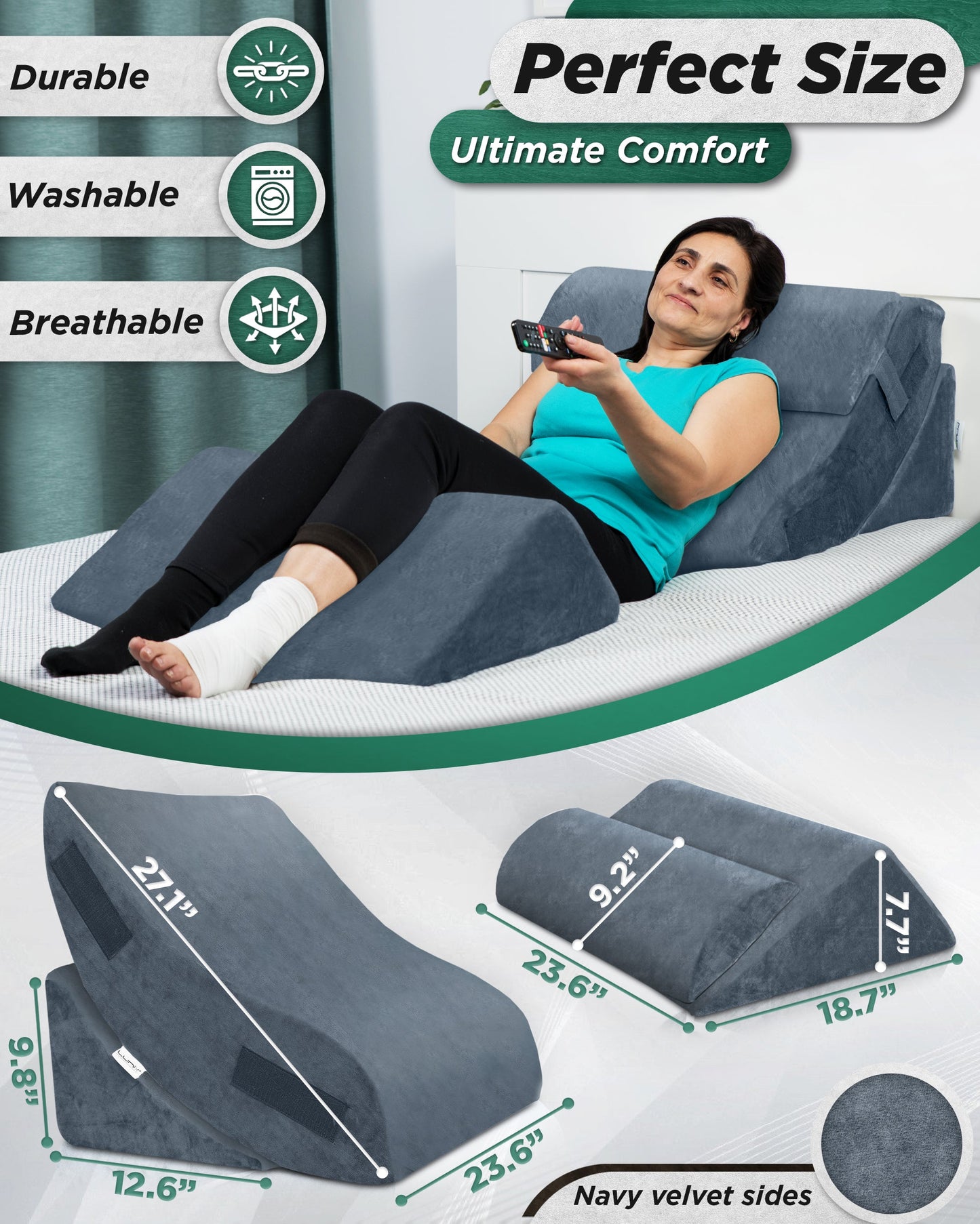 LX5 4-Piece Support for Shoulder & Upper Body Rest, Orthopedic Bed Wedge Pillow Set, Stone Navy
