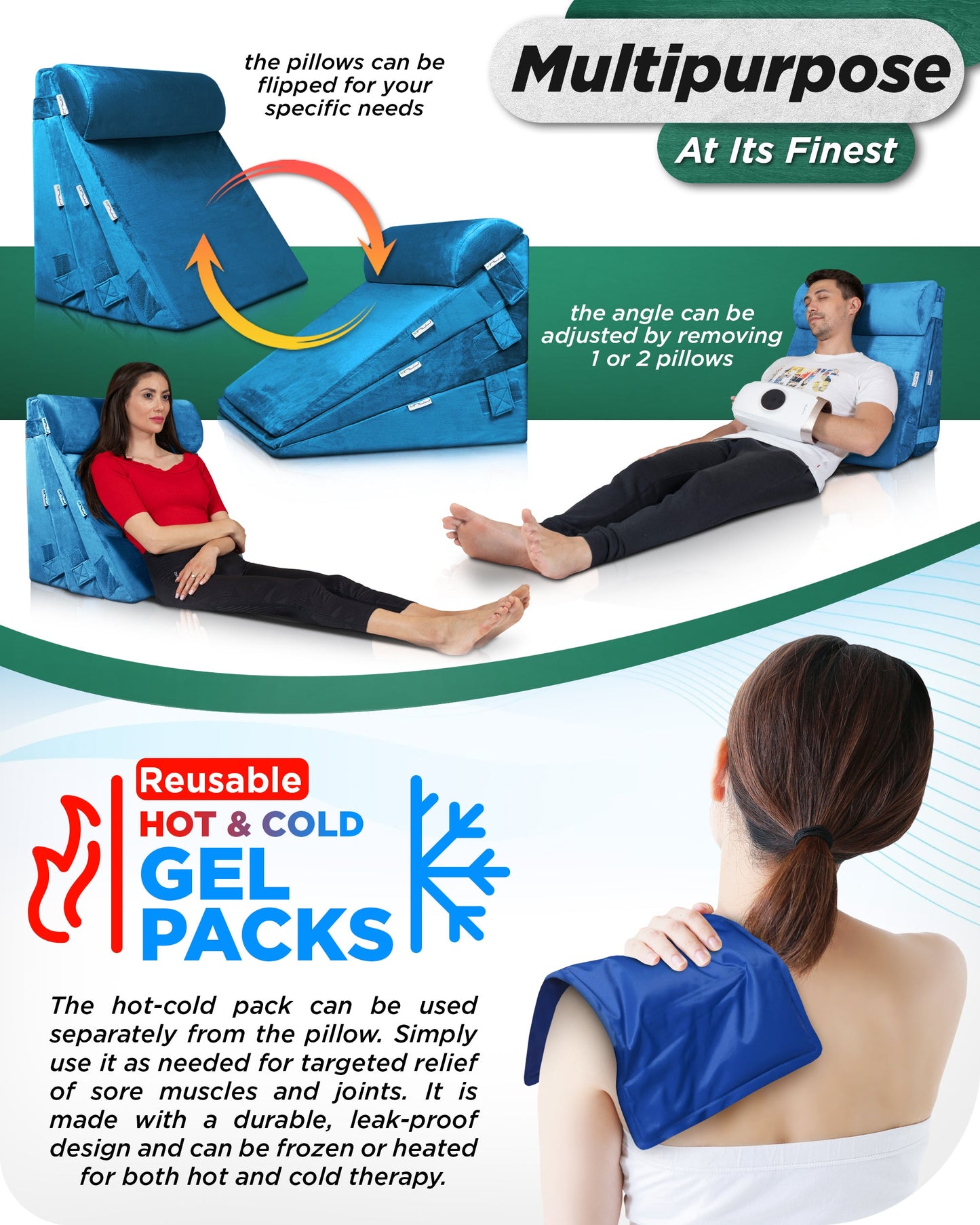 LX11 5-Piece Support for Abdominal Recovery & Lower Back Rest, Wedge Pillow Set, Ocean Blue