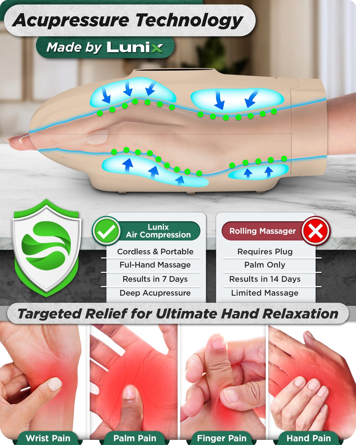 LX7 LCD Touchscreen Hand Massager, Heated Air Compression, Sand Beige