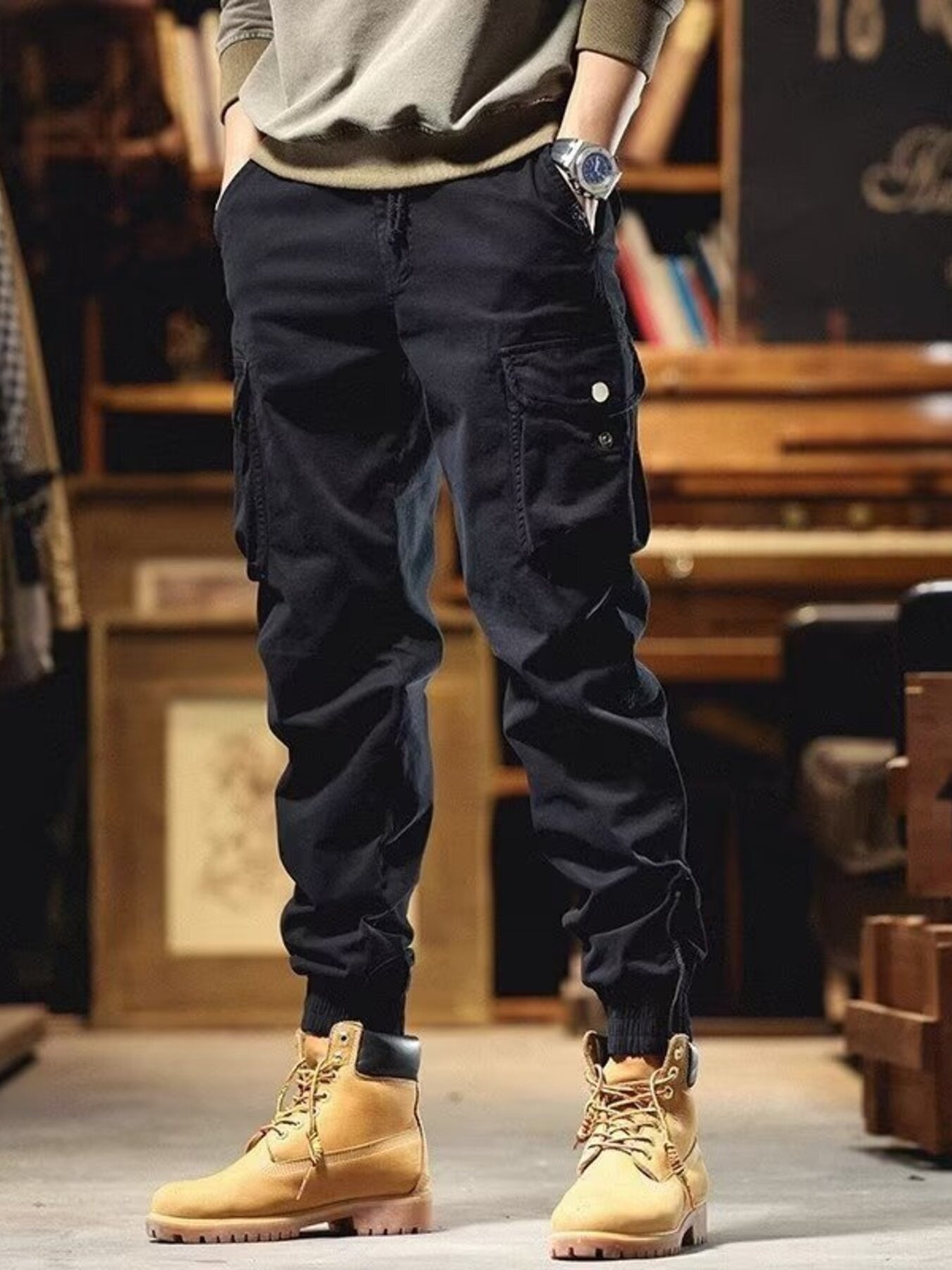 Men's Plus Size Casual Cargo Pants with Elastic Cuff
