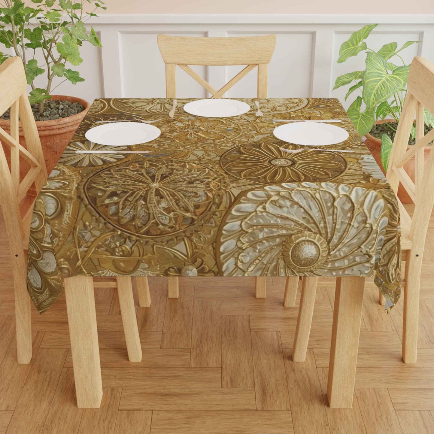 Elegant Gold Floral Tablecloth – Luxurious Boho Spring Event Decor