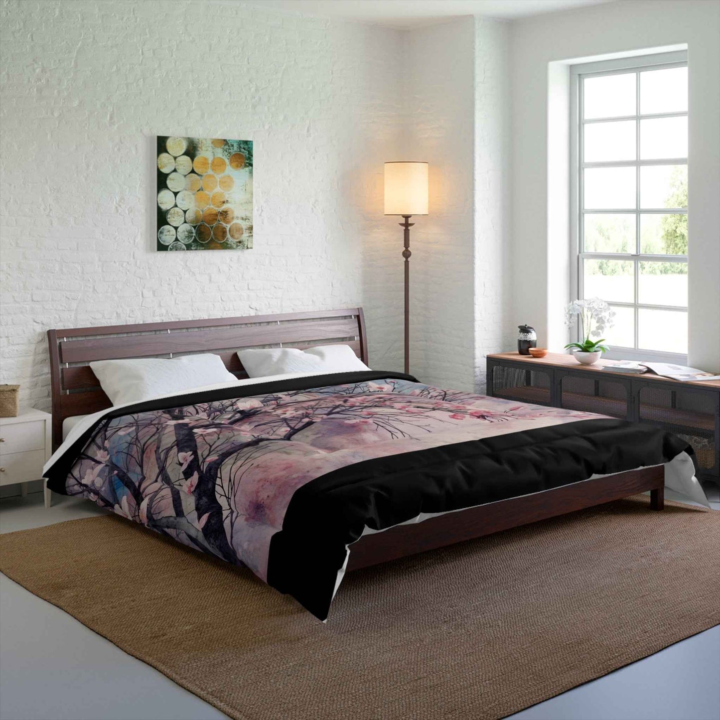 Cherry Blossom Comforter Lightweight Pink Watercolor Tree Bedding Microfiber