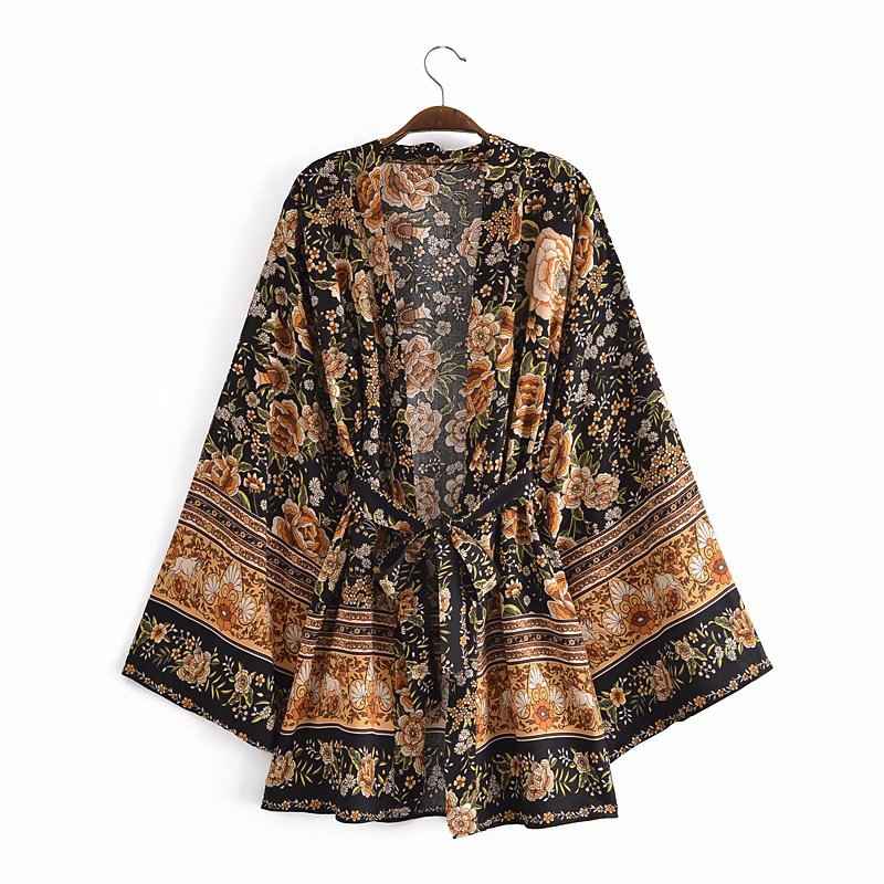 Cotton Floral Print Kimono With Belt For Women S M L