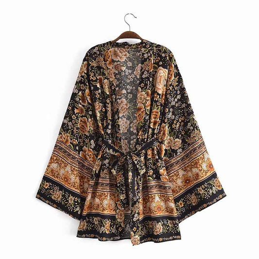 Cotton Floral Print Kimono With Belt For Women S M L