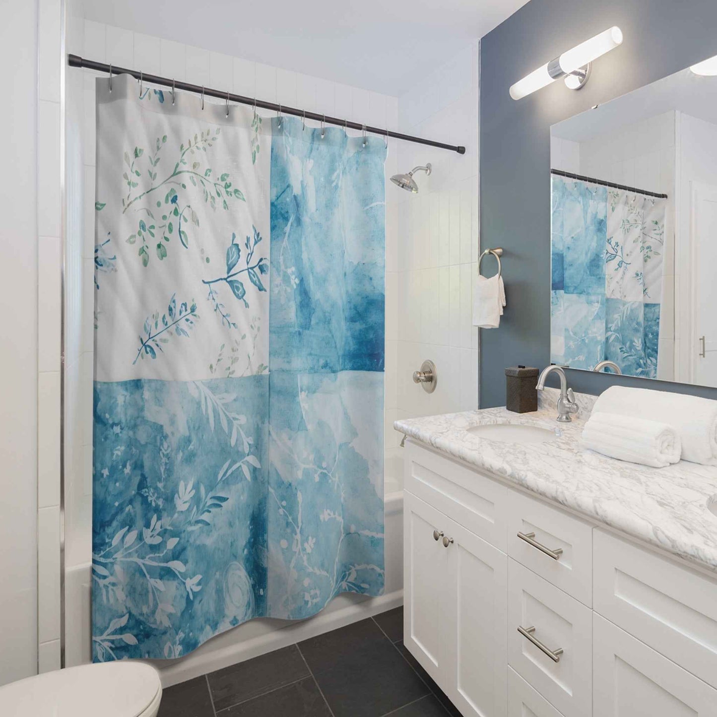 Blue Watercolor Floral Shower Curtain – Premium Poly-Blend