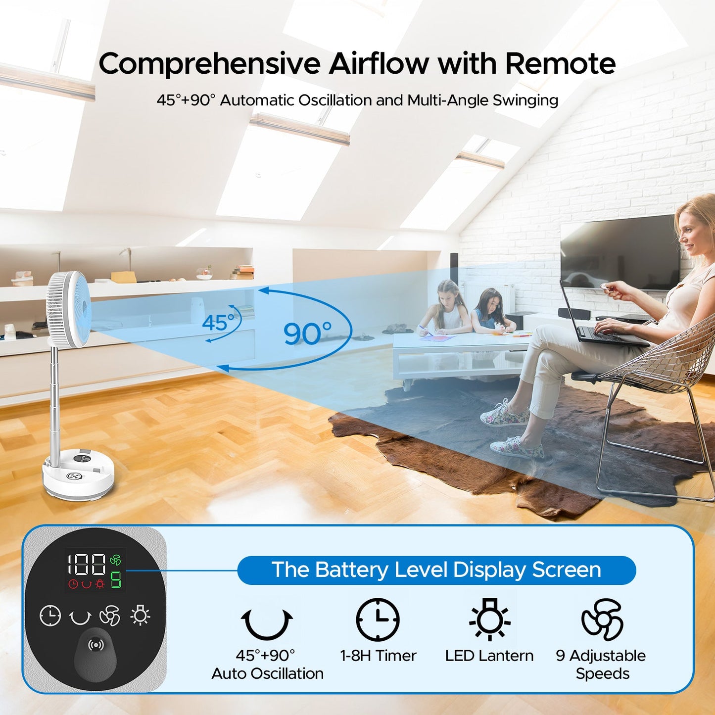 40000mAh Rechargeable Battery Operated Fan with Remote/Timer, RGB Lighting Fan