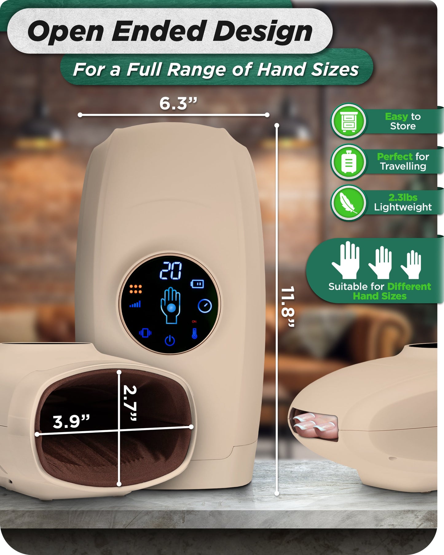 LX7 LCD Touchscreen Hand Massager, Heated Air Compression, Sand Beige